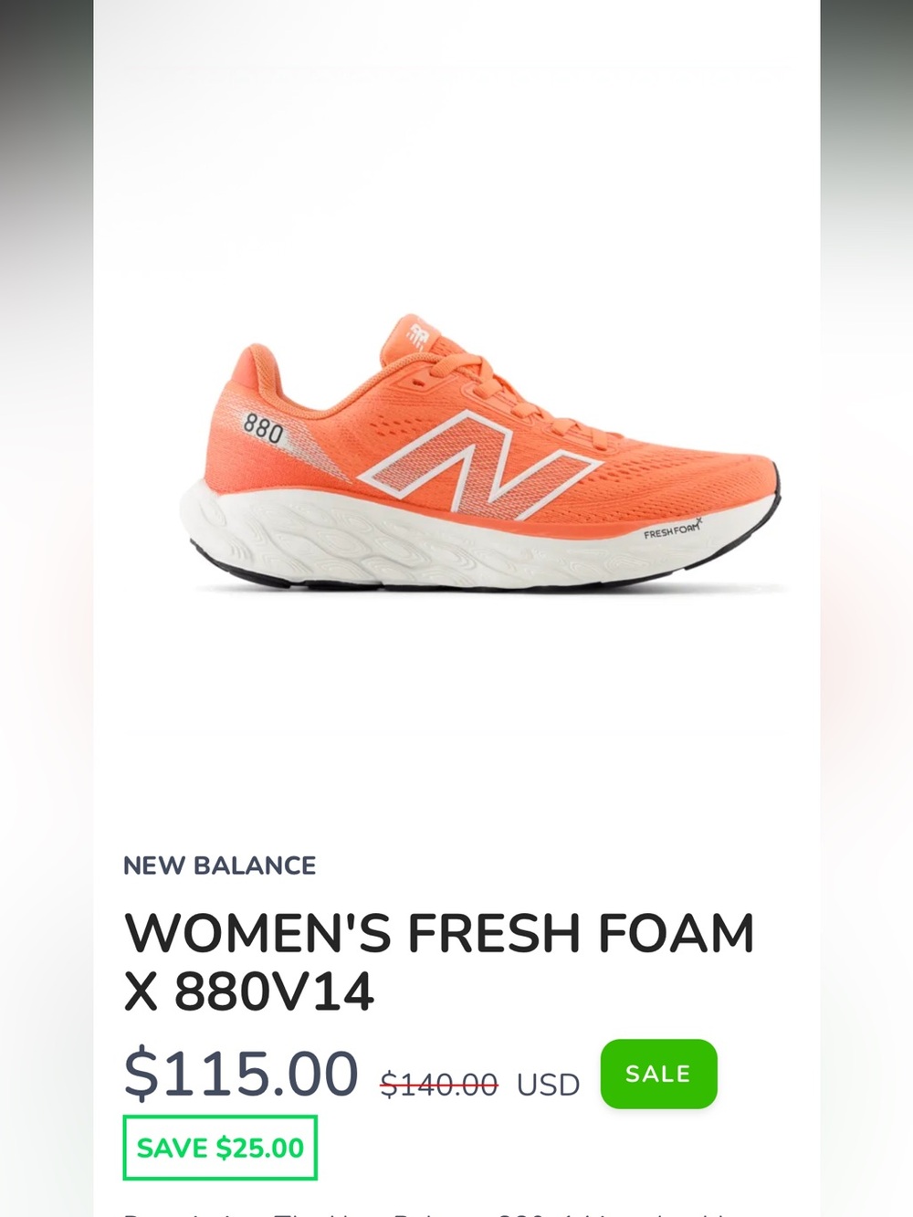 NEW BALANCE
WOMEN'S FRESH FOAM BRIGHT ORANGE X 880V14
Retail $115.00 8